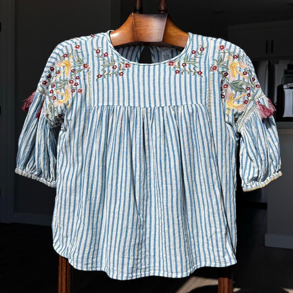 For The Republic Embroidered Stripe Linen Blend Peasant Blouse Boho Top M
